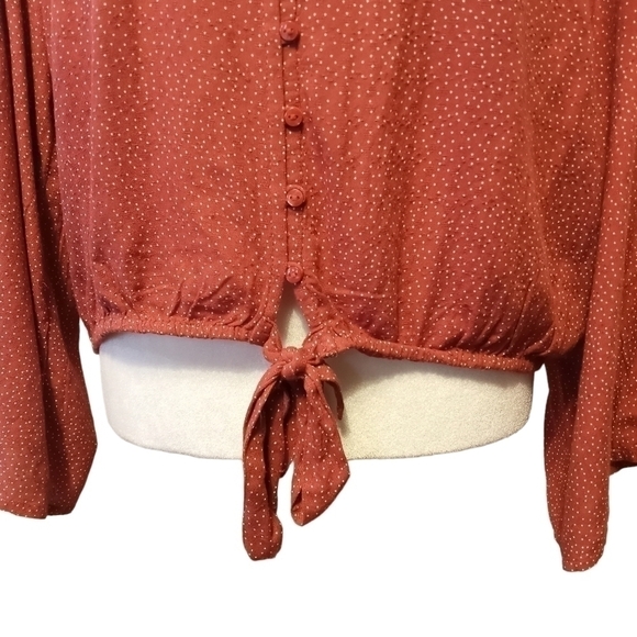 American Eagle boho soft rust color polka-dot button down & tie cropped top XL - Picture 5 of 13